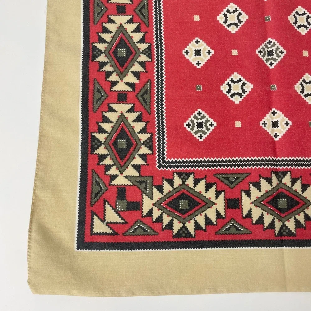 Vintage Southwestern Bandana Square Scarf Unisex Men Women Cream Red Retro Red